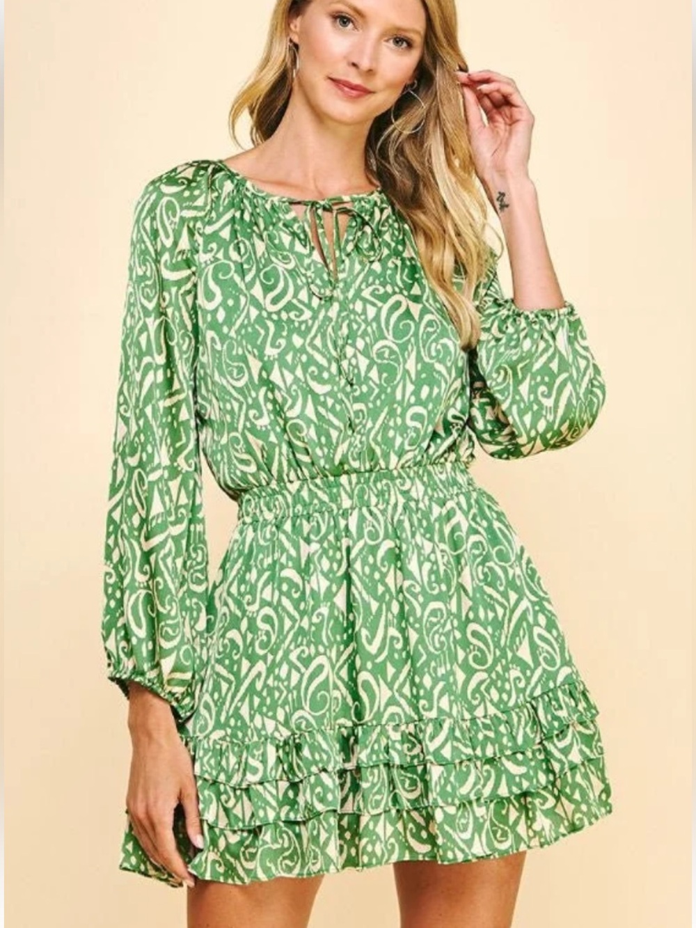 Pinch Green Printed Long-Sleeve Tiered Mini Dress